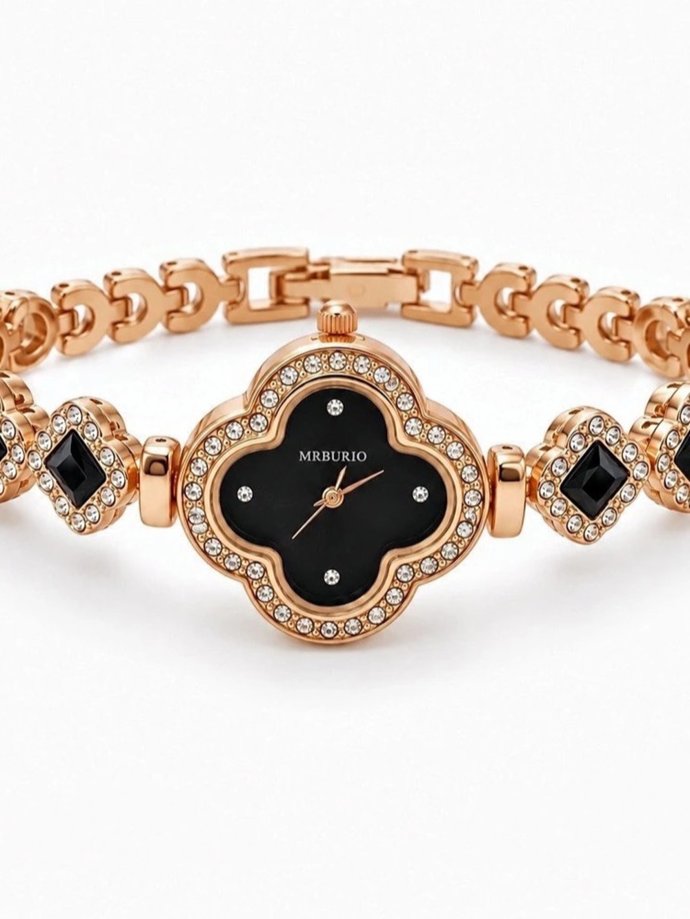 Rose-Gold Four-Leaf Clover Black Crystal Bracelet Watch